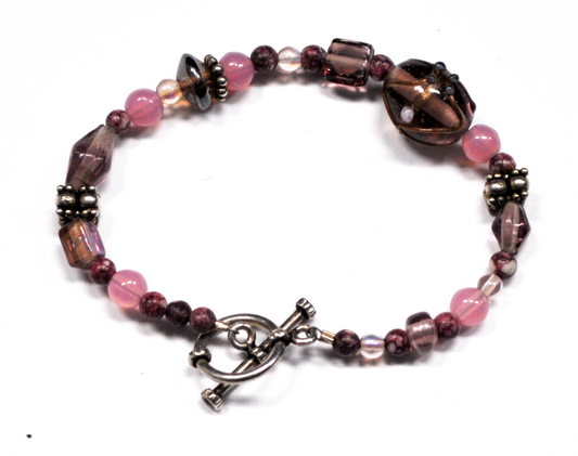 Sterling Silver Pink Purple Glass Bead Swirl 12mm 7.25" Wire Toggle Bracelet