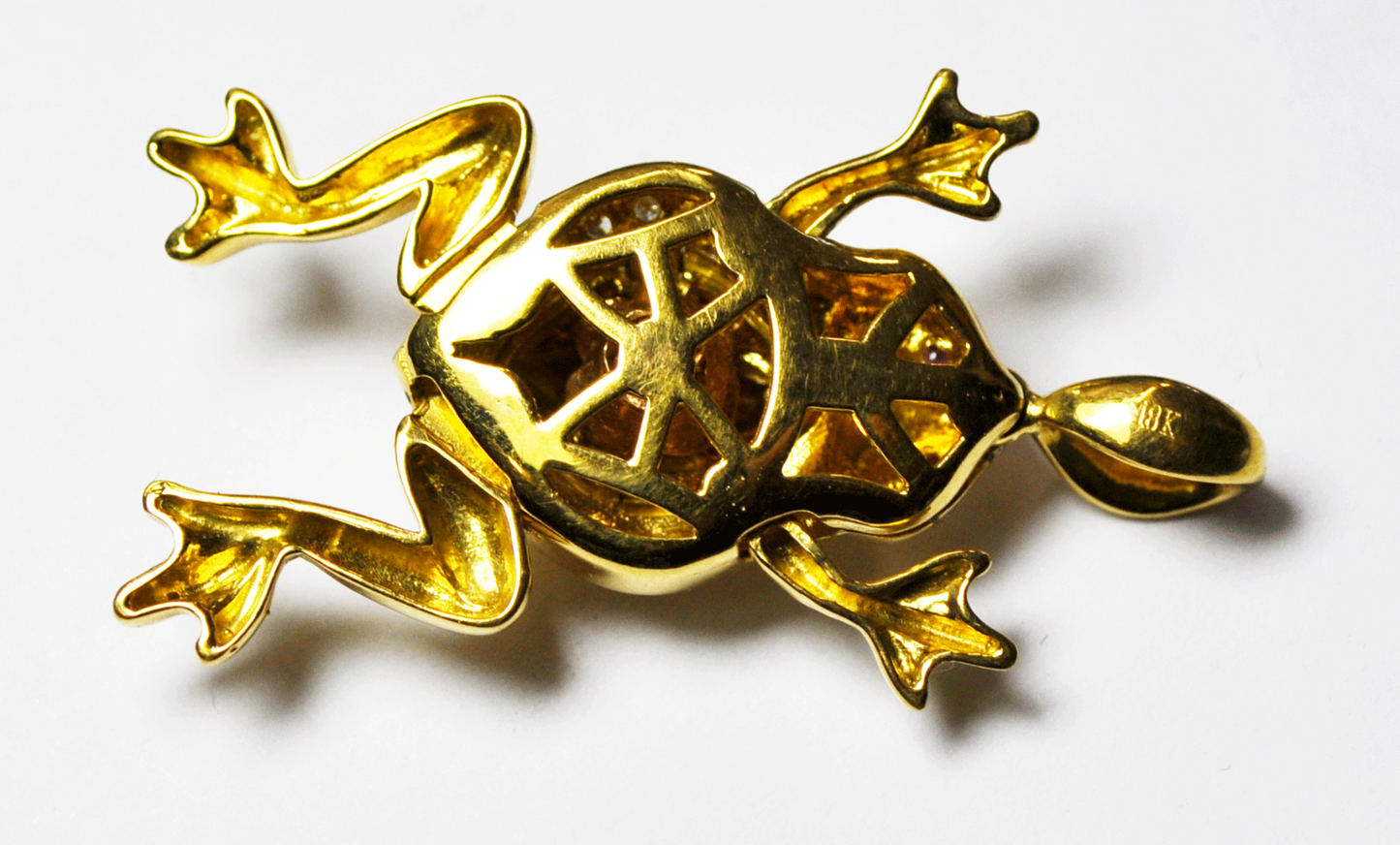 18k Yellow Gold Frog Mechanical Movable Legs Ruby Diamond 38mm Pendant