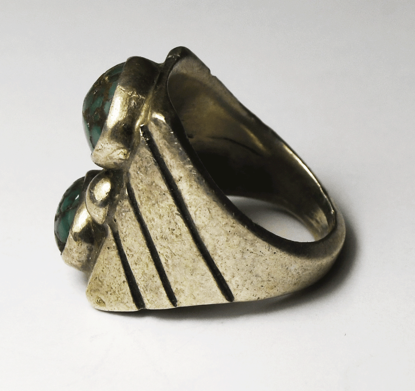 Sterling Silver Double Dark Green Turquoise Stripe Ring 22mm Size 8-1/2