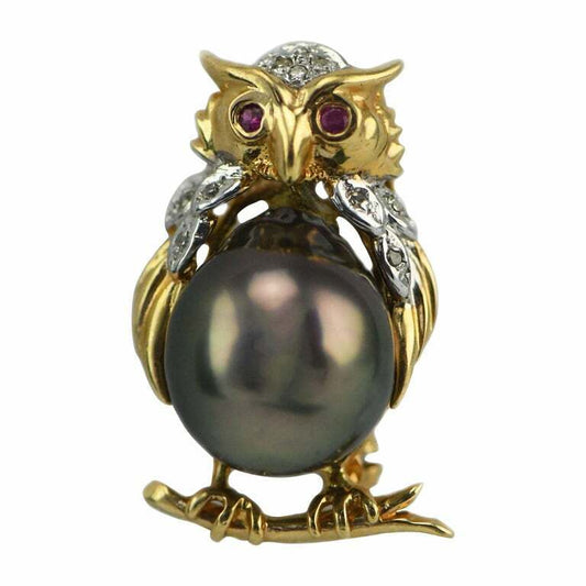 14kt Yellow Gold Ruby Eyed Owl Pin with Tahitian South Sea Pearl & Diamonds