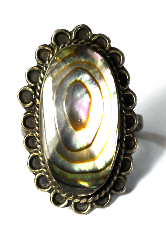 Sterling Silver ARC Mexico Oval Abalone Ring 27mm Size 6-3/4