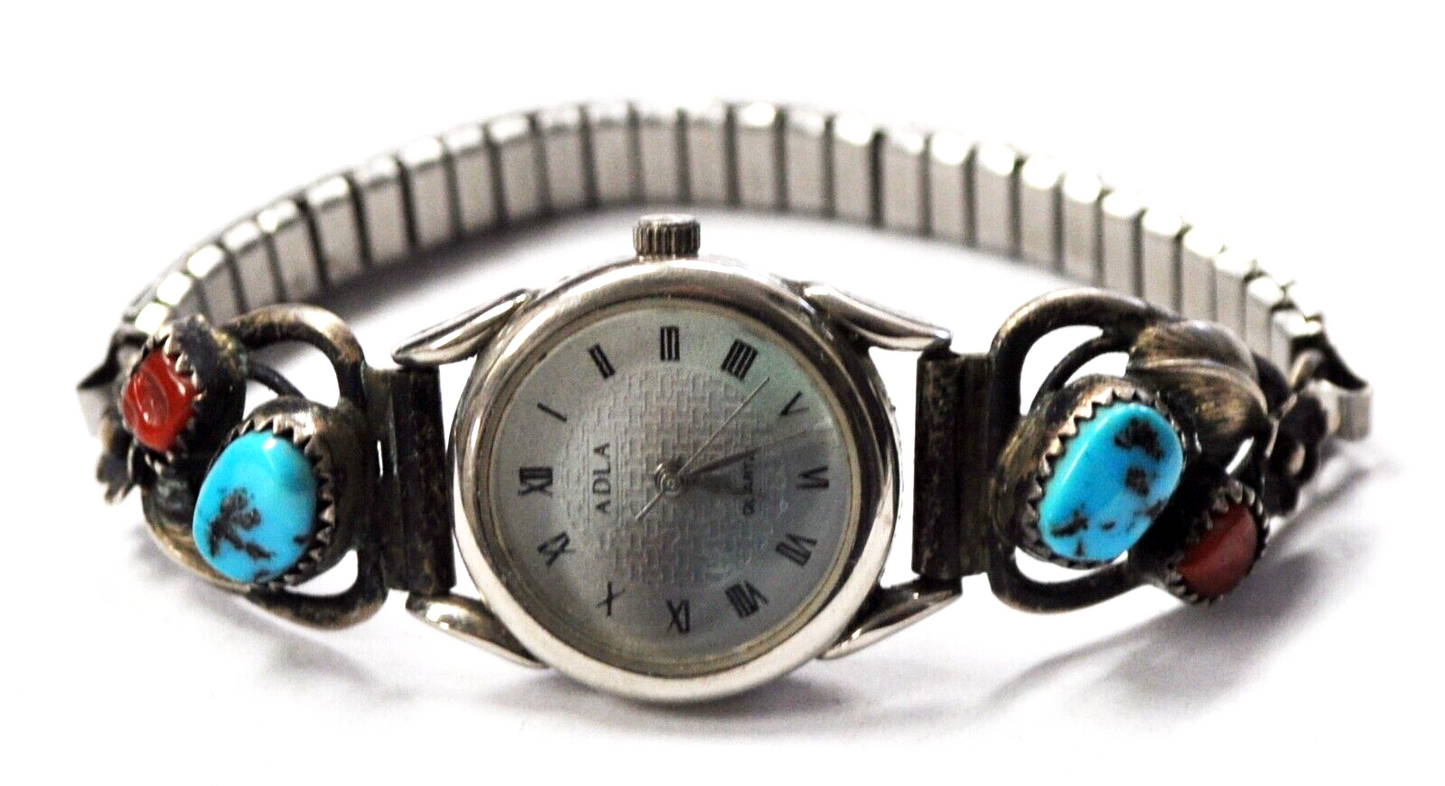 Sterling Silver RB Coral Turquoise Floral Filigree Watch Band Hood End Precious Metals Gems