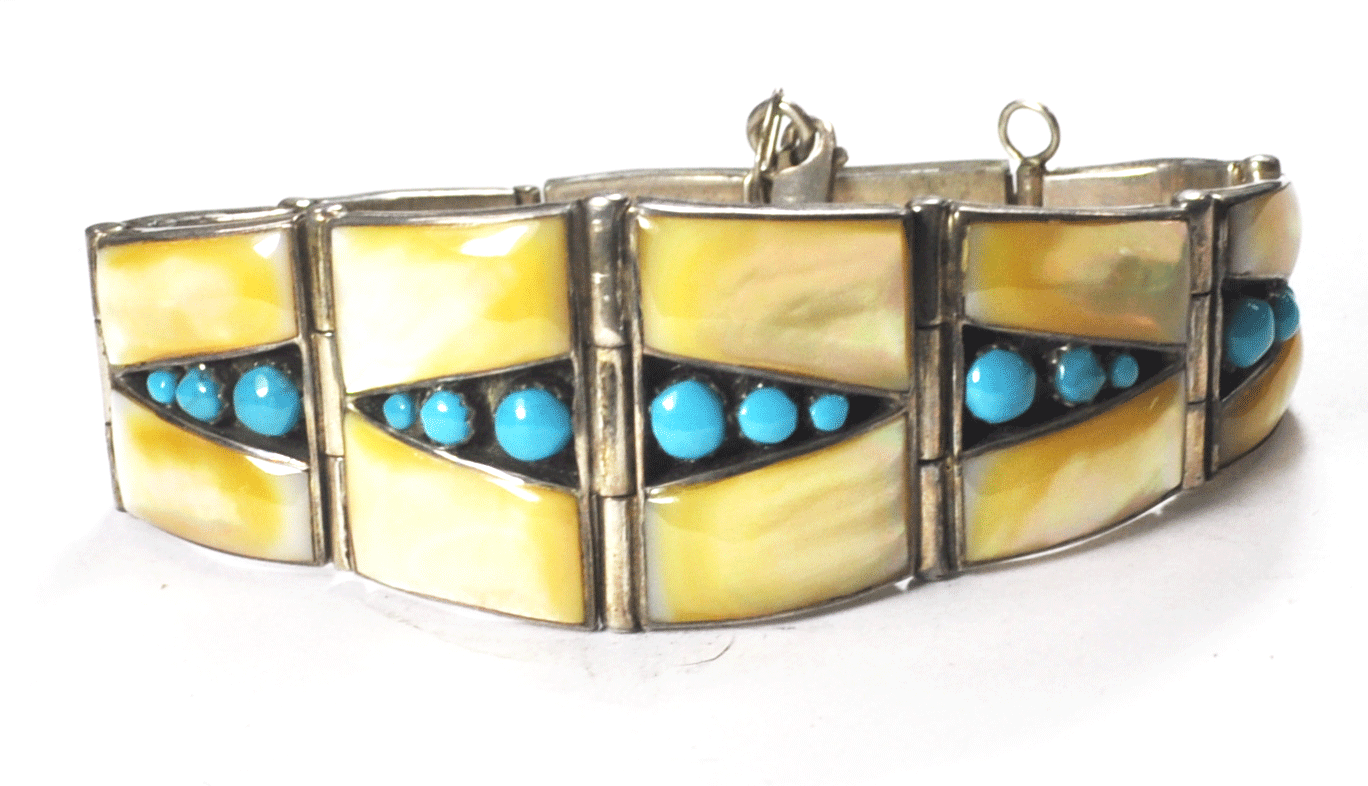 Sterling Silver Yellow MOP Turquoise Inlay Link Tapered Cuff Bracelet 37mm 8"