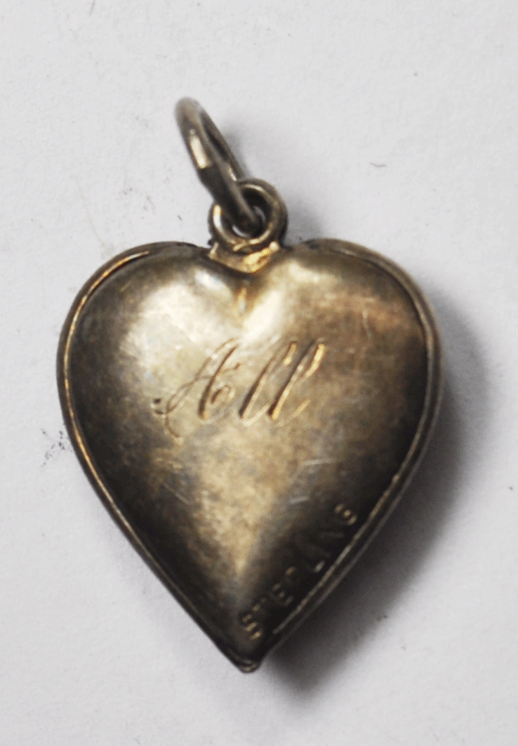 Antique Sterling Puffy Heart Charm Fleur De Lis 18mm x 15mm Monogrammed