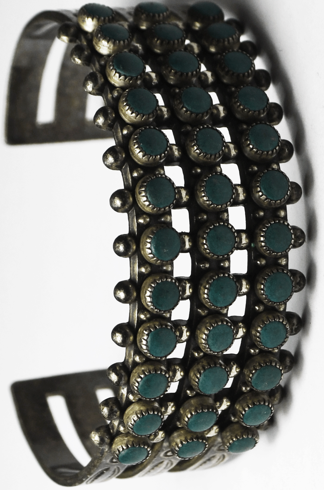 Sterling Antique Dot 3 Row Cluster Green Turquoise 23mm Cuff Bracelet 6.5" Wrist