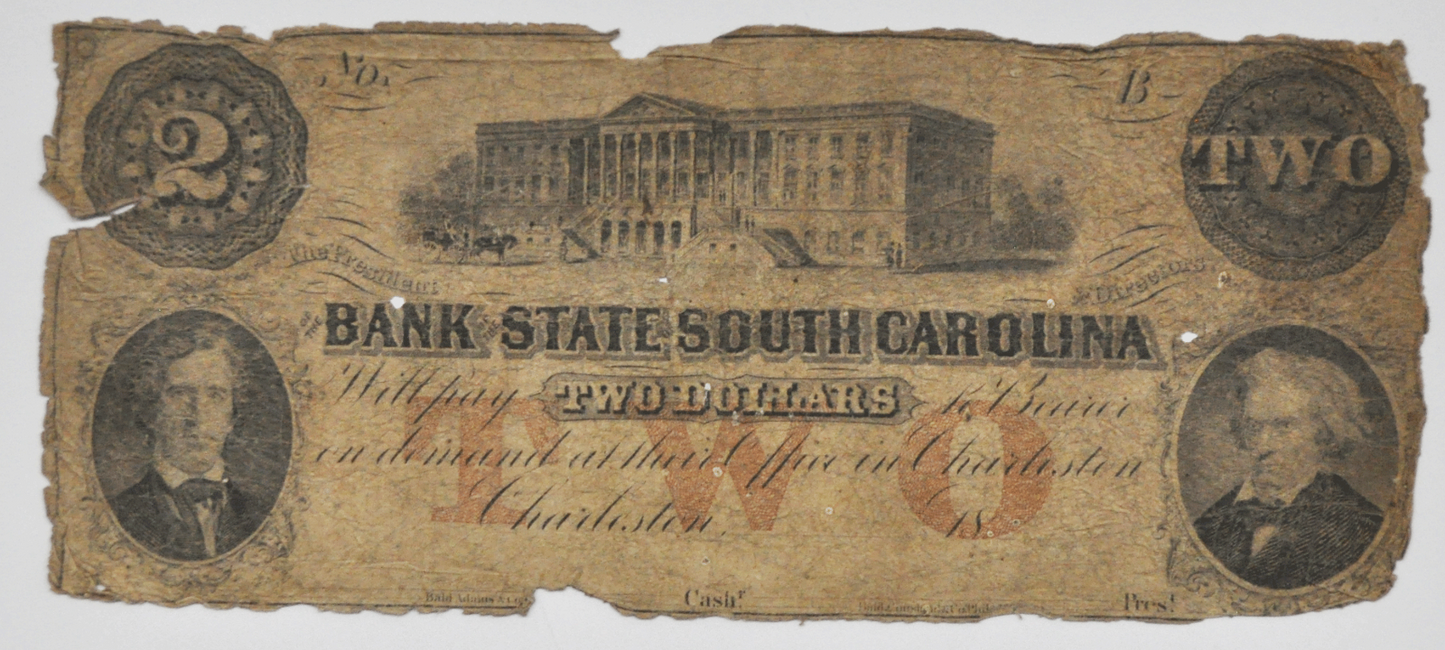 18-- $2 Charleston SC Bank of the State of South Carolina Two Dollars Obsolete