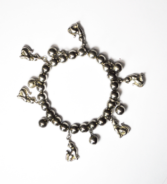 Silver Plated 8mm Sphere Bead Stretch Cord Cat Charm Bracelet