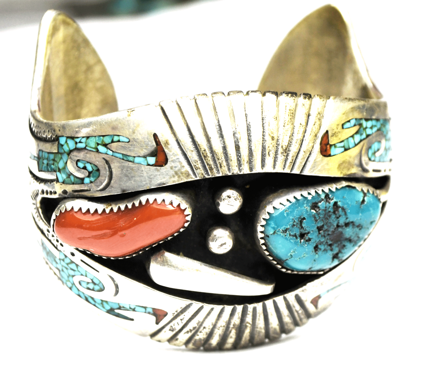 Sterling Tomas Singer Turquoise Coral Shadow Box Inlay Bracelet 51mm