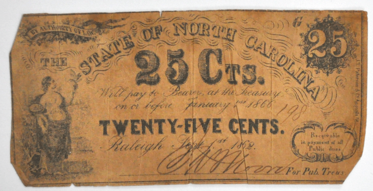1862 25c State of North Carolina Obsolete Note Twenty Five Cents Raleigh