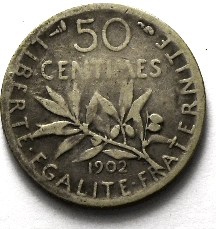 1902 France 50 Fifty Centimes Silver Coin  KM# 854
