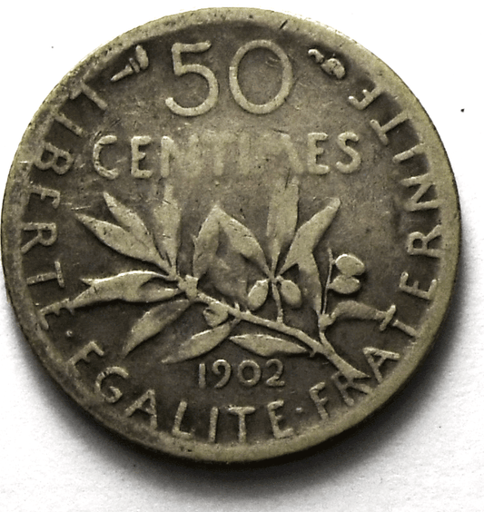 1902 France 50 Fifty Centimes Silver Coin  KM# 854