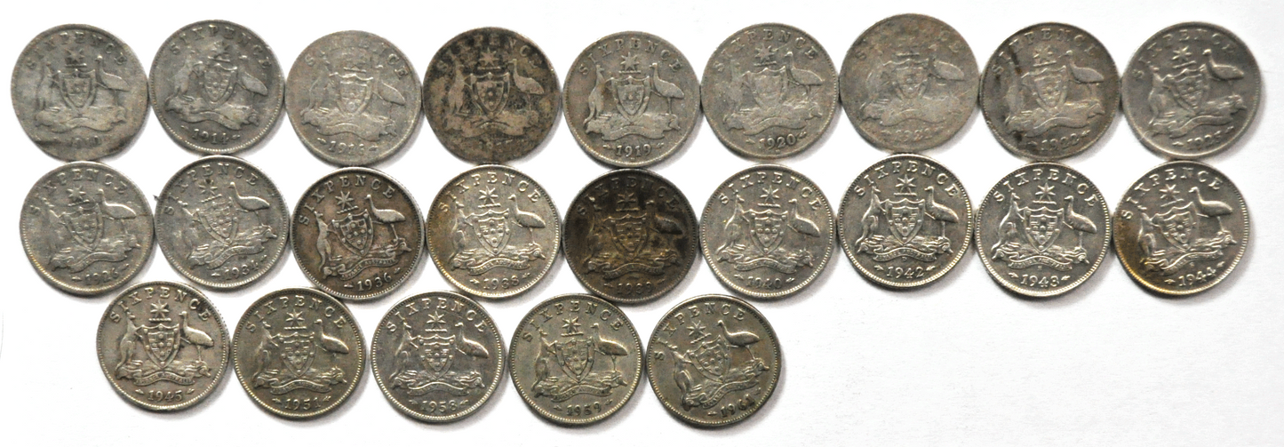 1910-1961 Australia 6 Six Pence Silver 23 Coin set KM#58 No Duplicates
