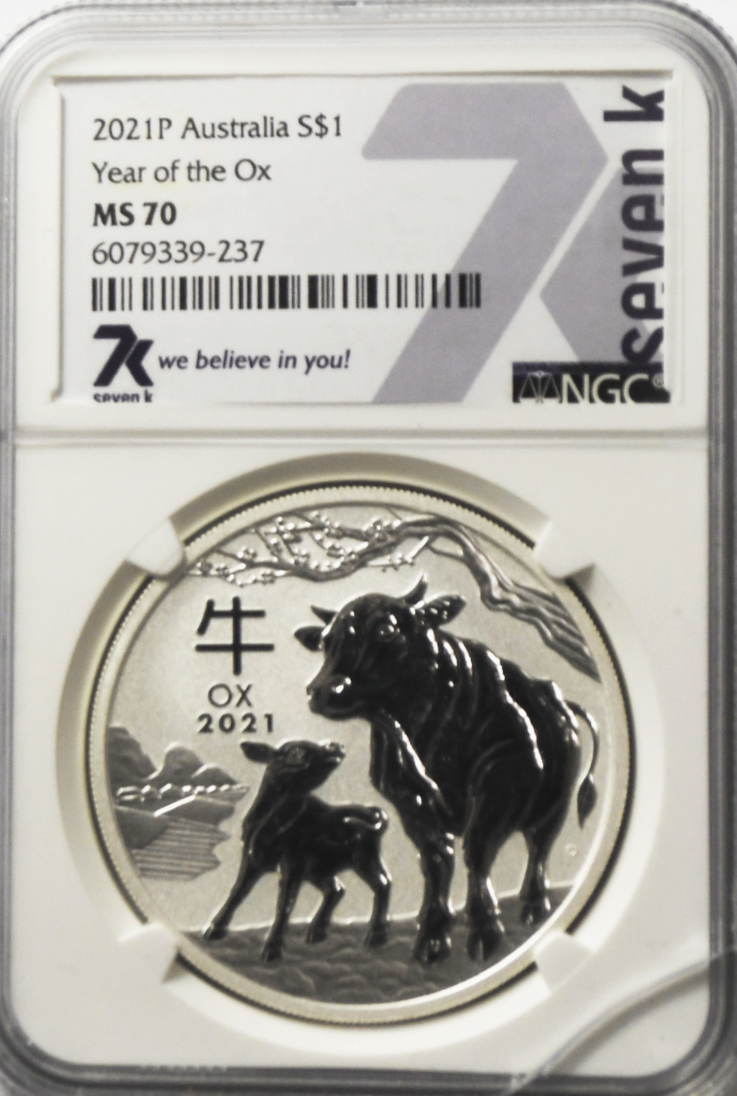 2021 P Australia $1 One Dollar Silver MS70 7K NCG Year of the Ox  Cracked Holder