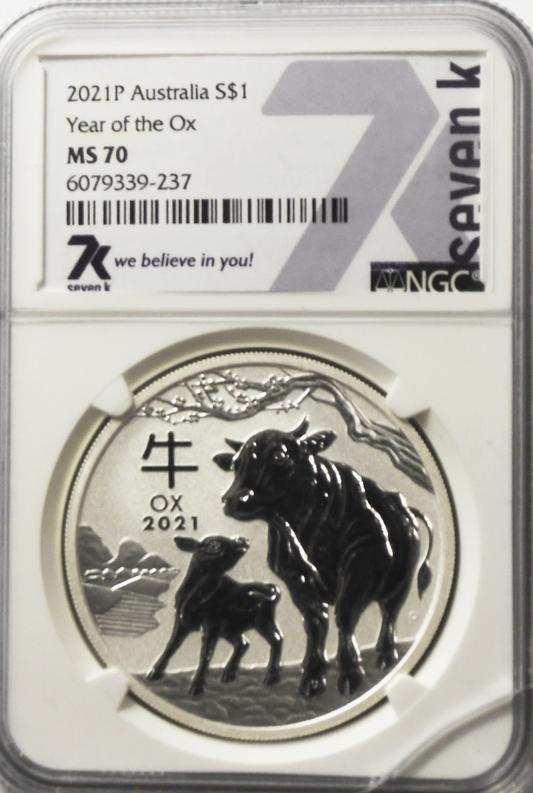 2021 P Australia $1 One Dollar Silver MS70 7K NCG Year of the Ox  Cracked Holder