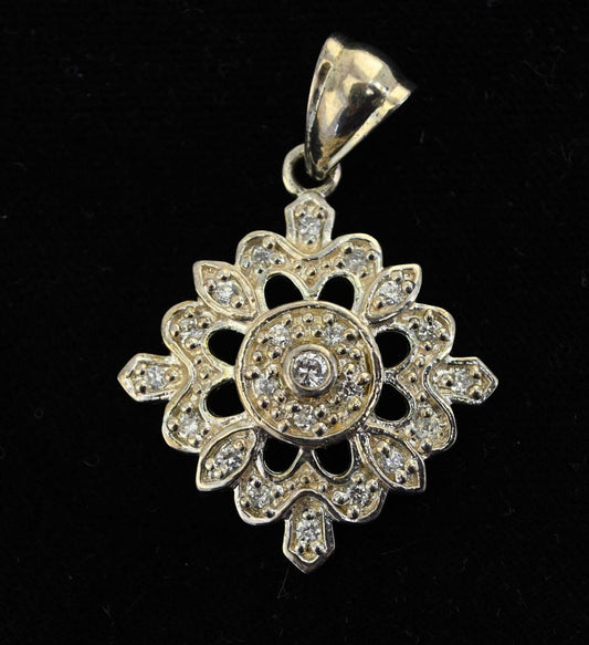 Sterling Snowflake Style Charm Pendant w/22 Crystal Imitation Diamonds  1 3/4"