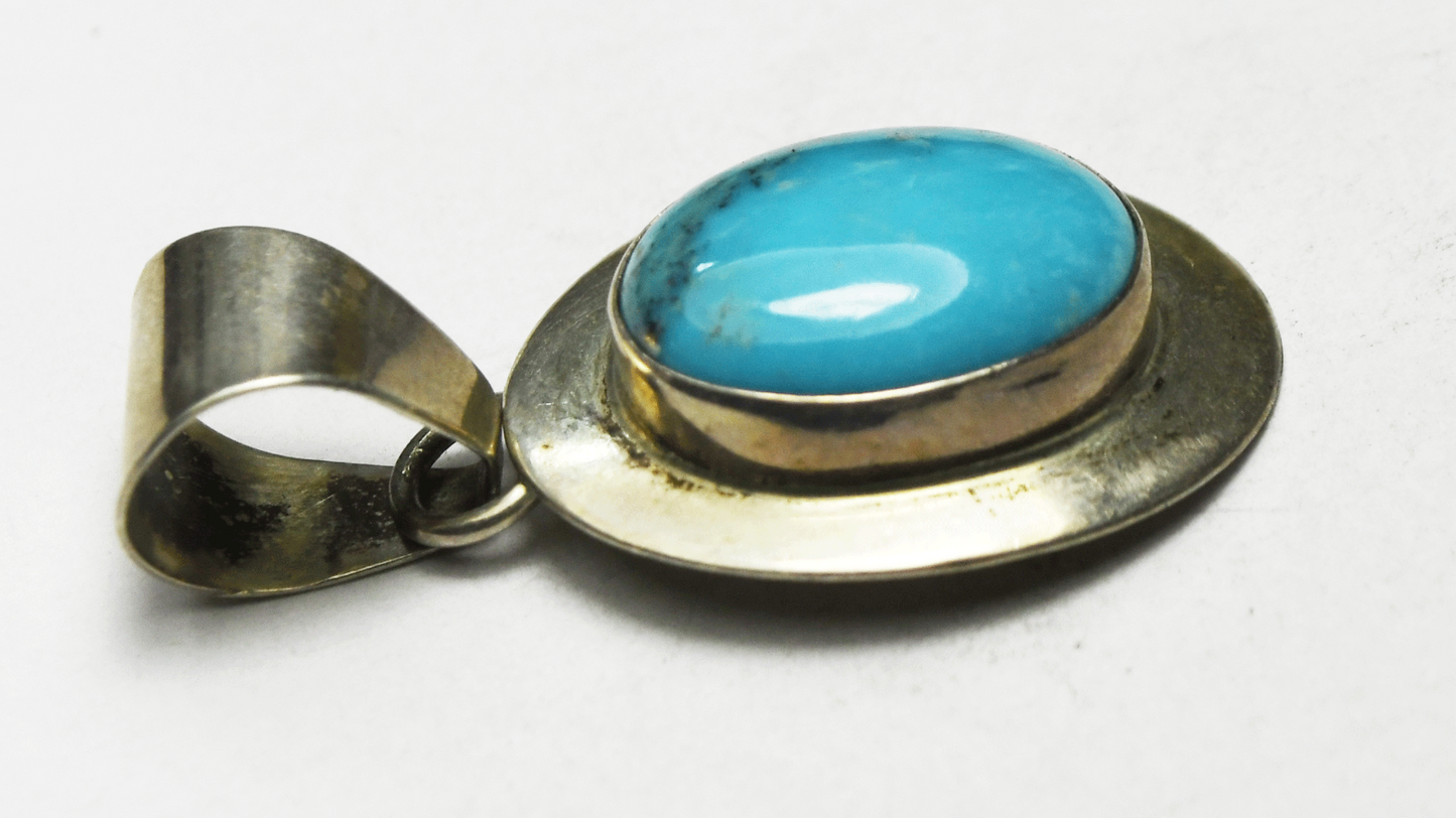 Sterling Silver Signed Inca Oval Turquoise Pendant 36mm x 18mm