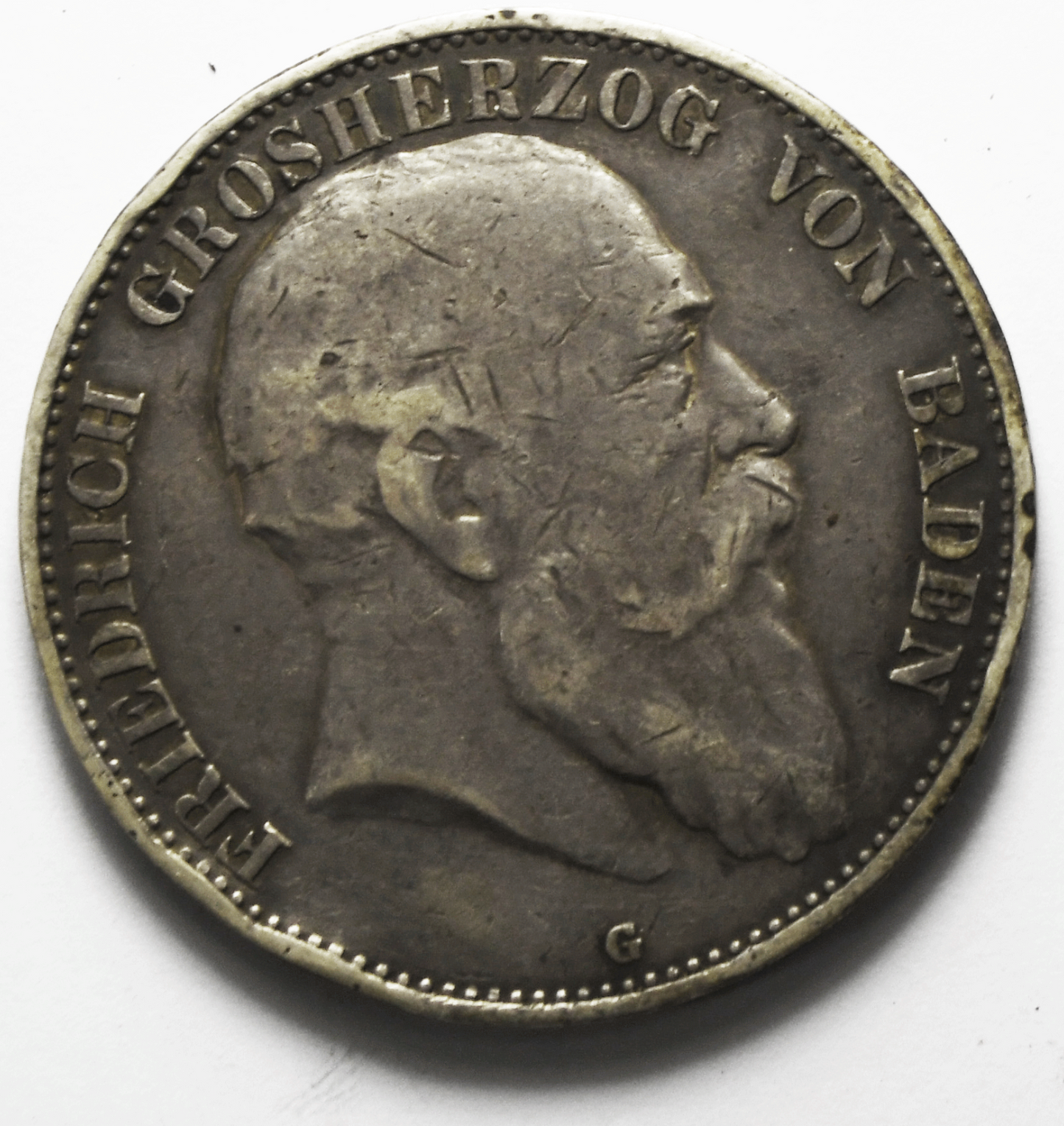 1902 G German States Baden 5 Five Mark Silver Coin KM# 274 Low Mintage Rim Dings