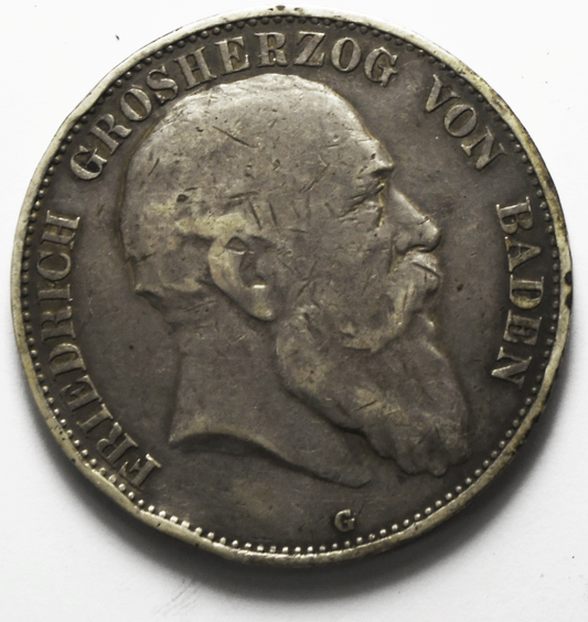 1902 G German States Baden 5 Five Mark Silver Coin KM# 274 Low Mintage Rim Dings