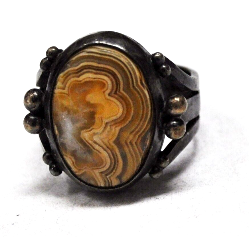 Sterling Silver Singed Ring Orange Stripe Oval Agate 19mm Size 4-1/2