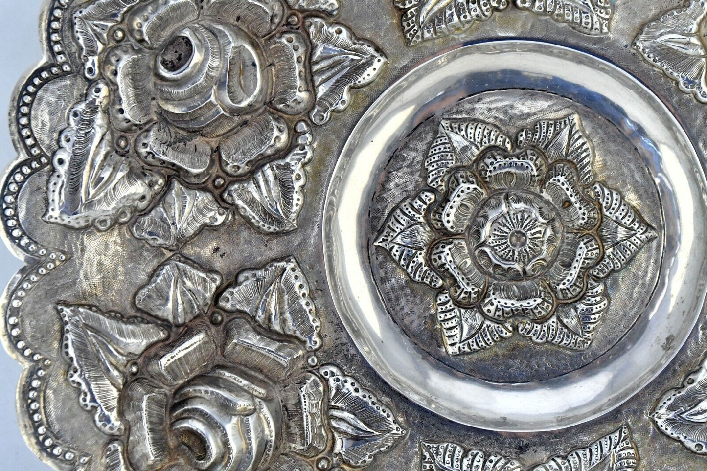 Vintage V. Acosta Signed .900 Fine Silver Mexico Tray 12" Rose Pattern 13.2oz.