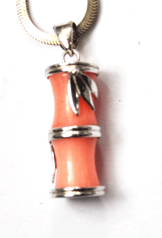 Sterling Silver Pink MOP Tube Floral Leaf Pendant 1-1/8" x 9mm 18" Necklace 2mm