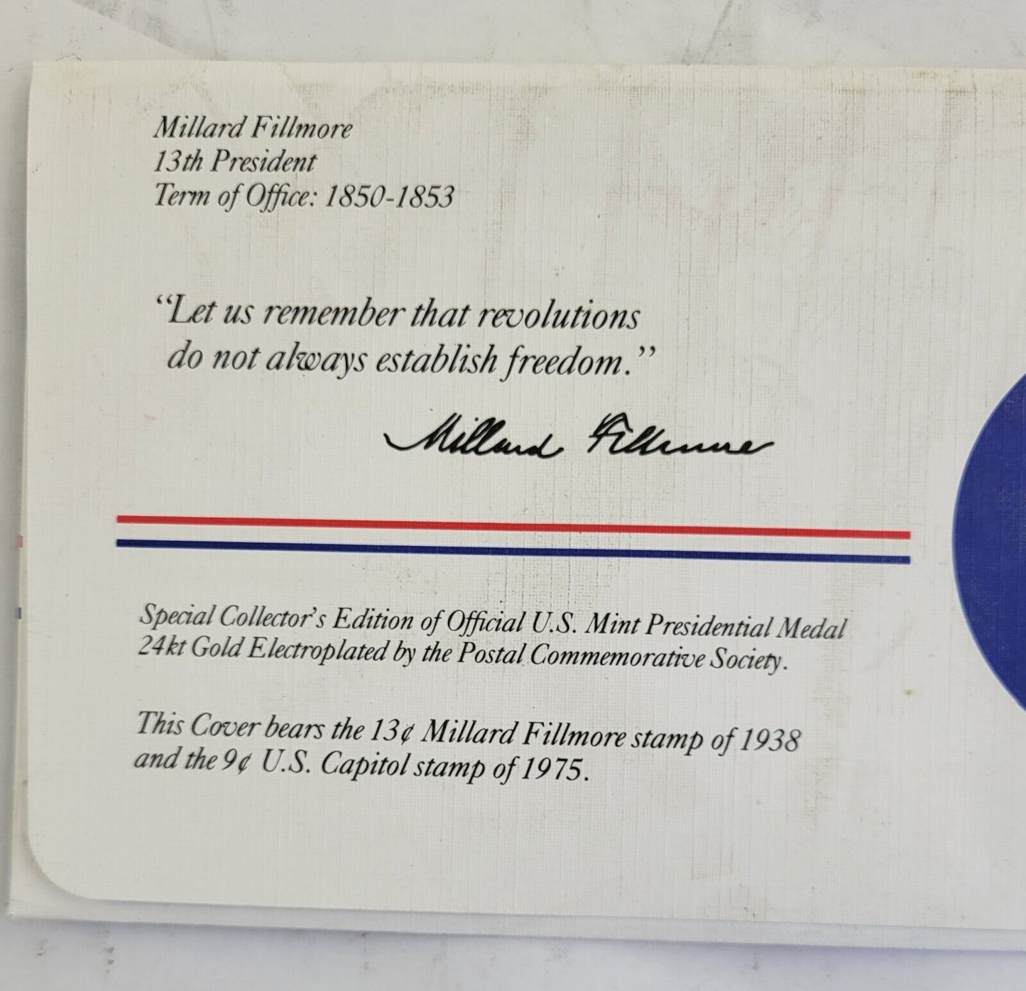 M Fillmore Presidential Covers Medal Postal Commemorative Society Gold Plated