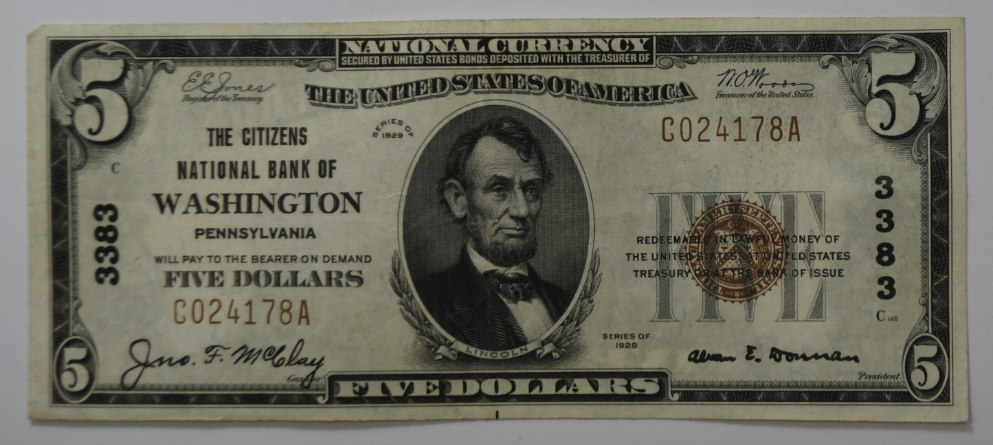 1929 $5 Five Dollars National Currency Note 3383 Washington PA C024178A
