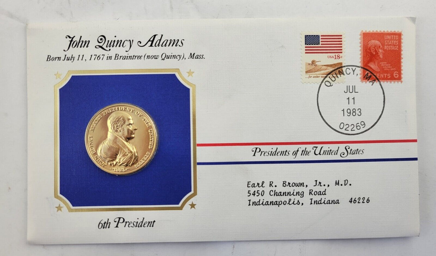 John Q Adams Presidential Covers Medal Postal Commemorative Society Gold Plated