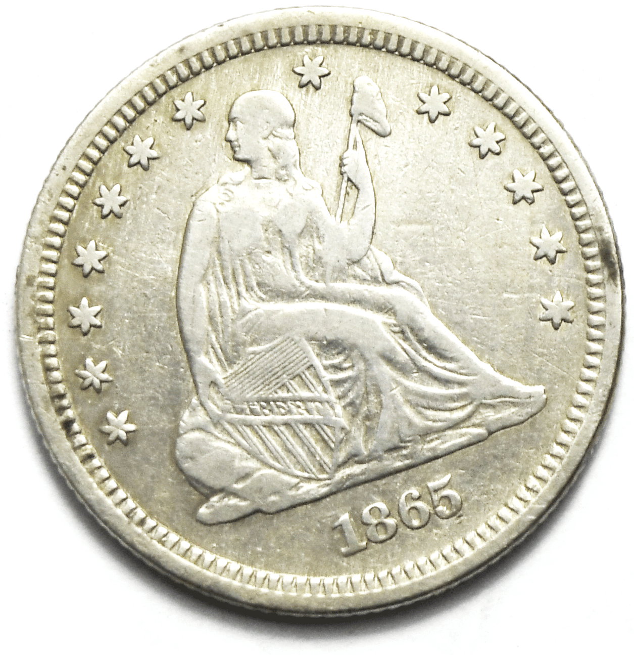 1865 25c Seated Liberty Silver Quarter Dollar Twenty Five Cents Rare VF