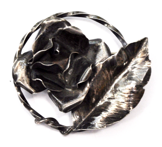 Sterling Silver Rose Flower Leaf Round  Brooch Pin 53mm