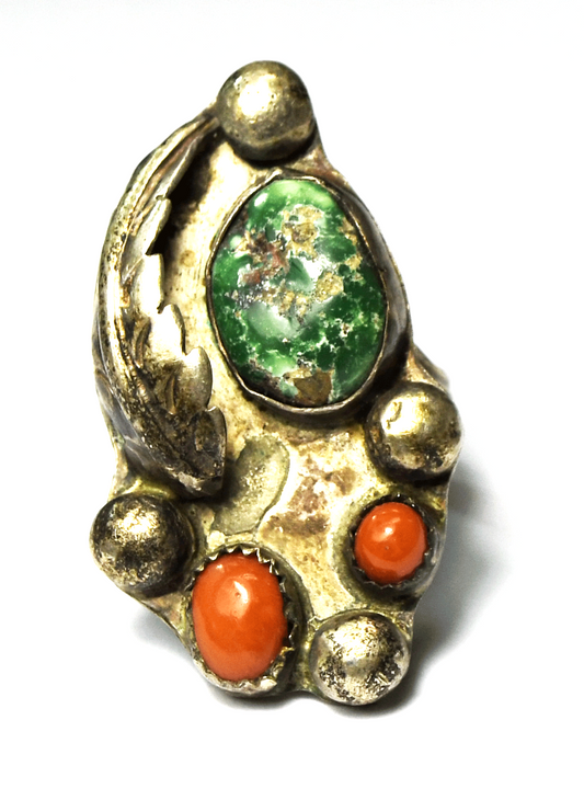 Antique Sterling Silver Coral Turquoise Floral Ring 39mm Size 7