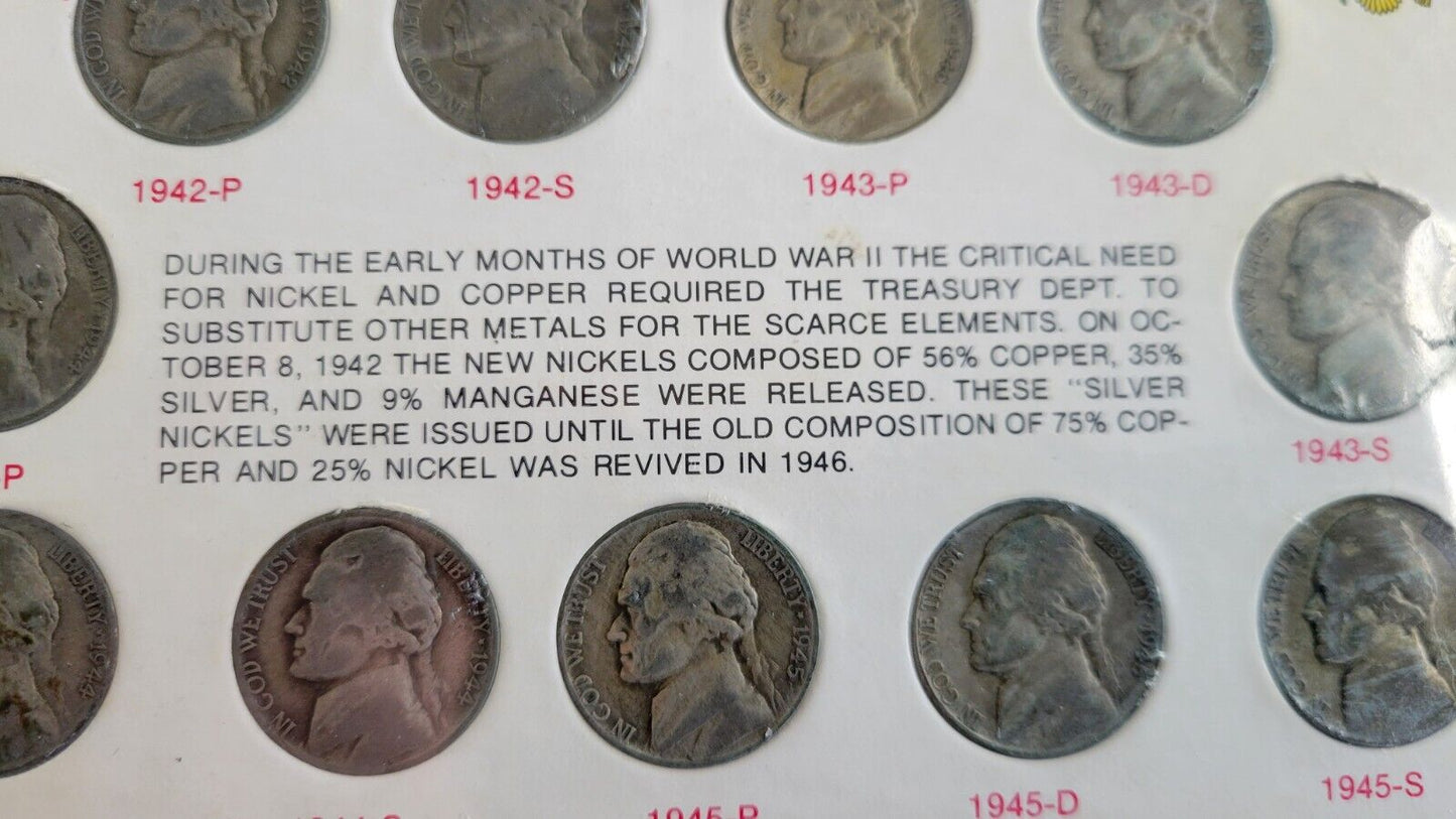 1942-1945 United States Wartime Silver Nickels 11 Coin Set Anco 1360 Holder