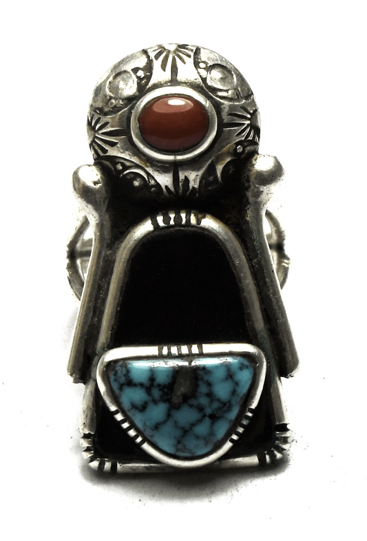 Sterling Silver Eagle Stamp Turquoise Onyx & Coral Ring 38mm Size 8