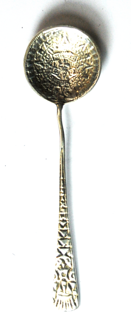 Sterling Silver Mexico Mayan Aztec Round Bowl Spoon 3-7/8"