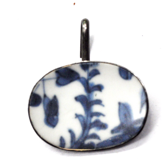 Sterling Silver White & Blue Ceramic Disc Clip Open Bale Pendant 46mm x 41mm