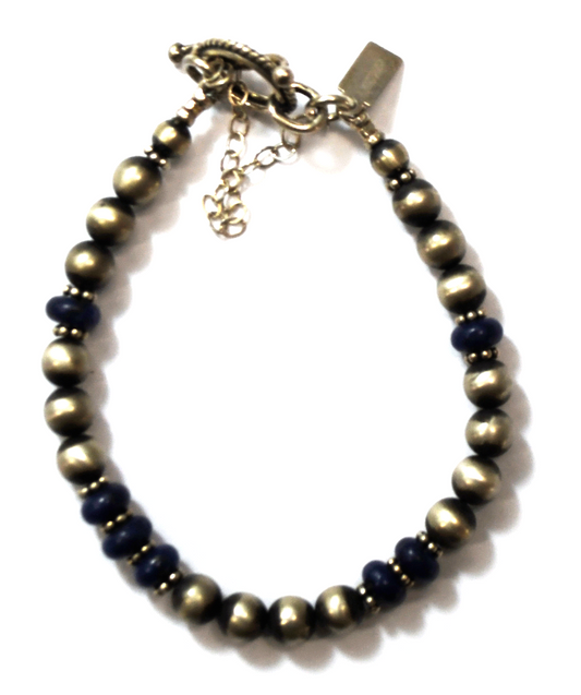 Sterling TMARRA Blue Lapis Bead Toggle Safety Chain Bracelet 6mm  7.5"