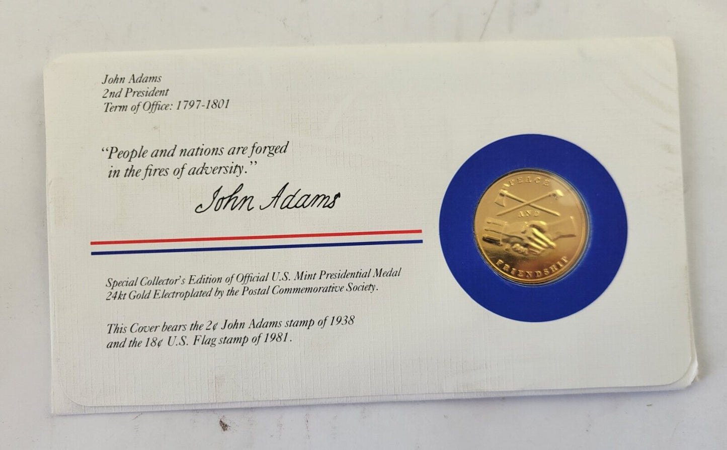 John Adams Presidential Covers Medal Postal Commemorative Society Gold Plated