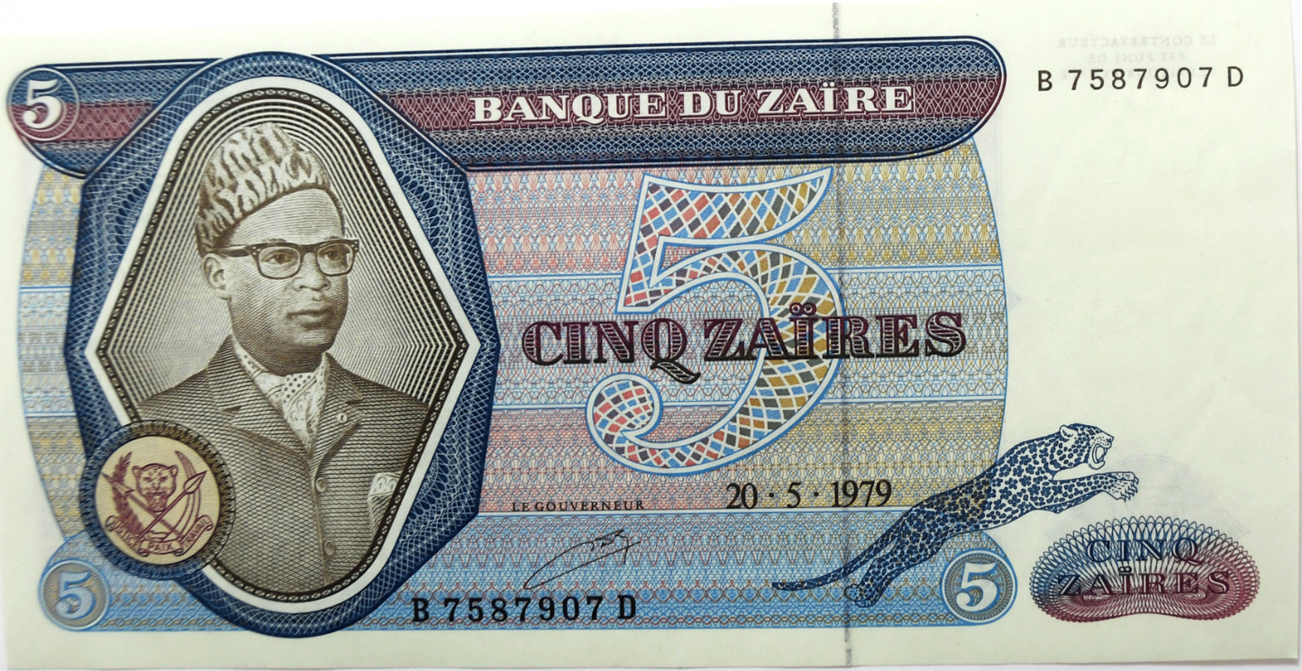 20-5-1979 Zaire 5 Five Zaires Banknote B7587907D Uncirculated