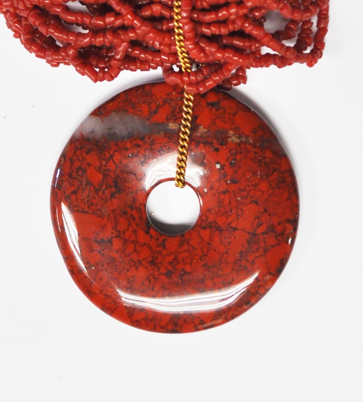 Nickel Silver 30 Strand Coral Seed Bead 23" Necklace Red Jasper 34mm Pendant