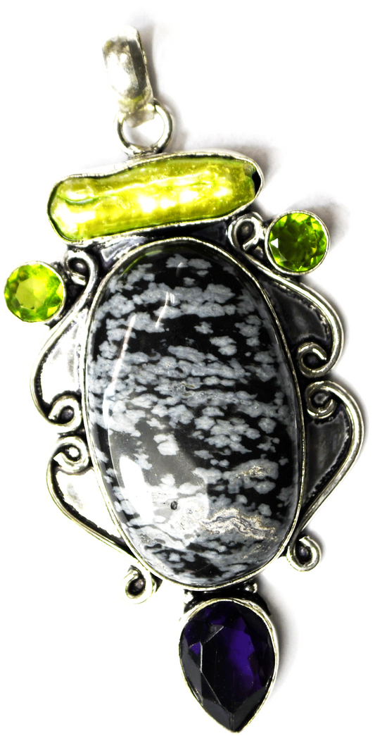 Sterling Silver Grey & Black Jasper MOP Peridot Amethyst Pendant 35mm x 75mm
