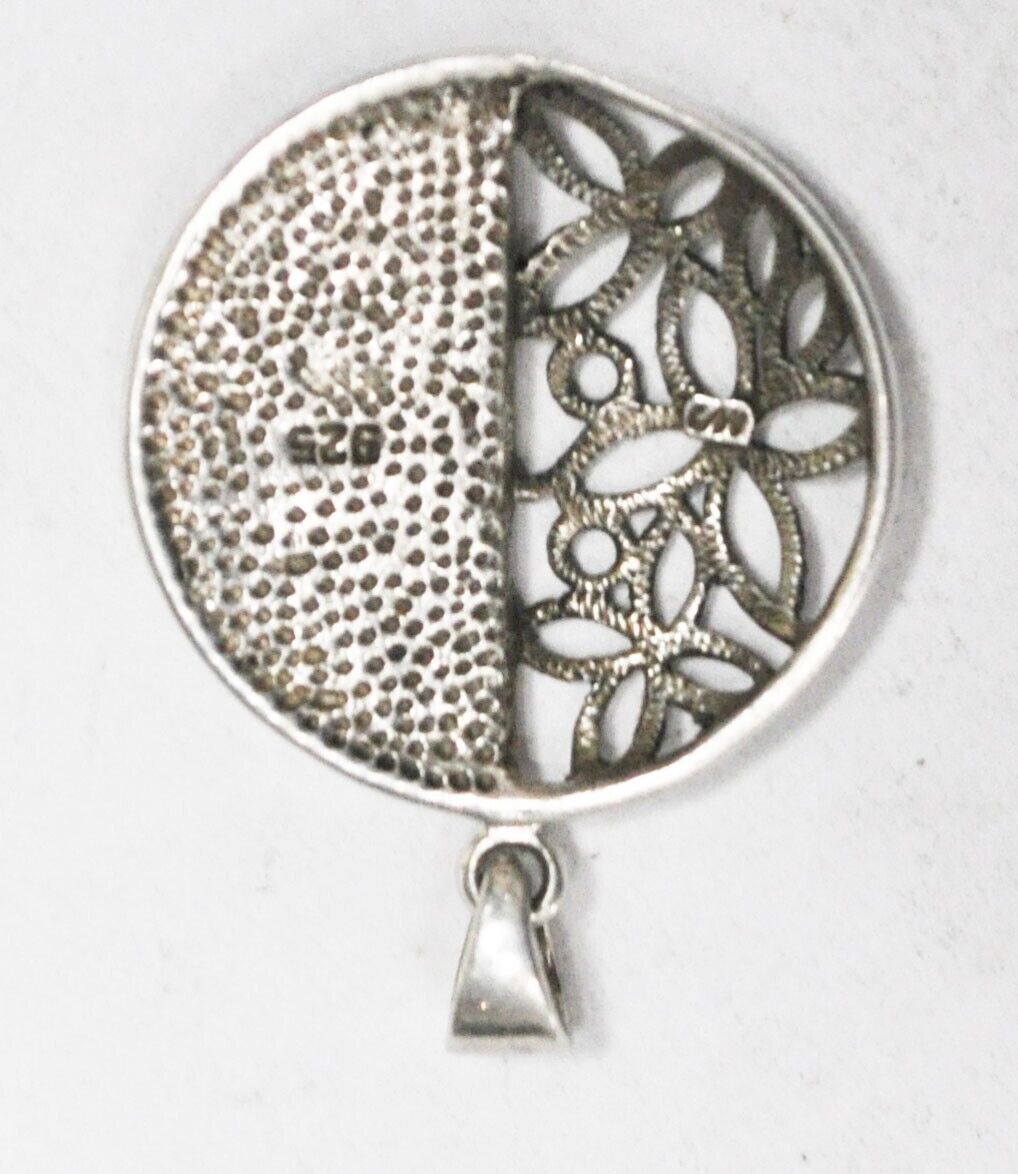 Sterling Silver  Black Onyx Half Disc Filigree Flower Pendant 30x23mm