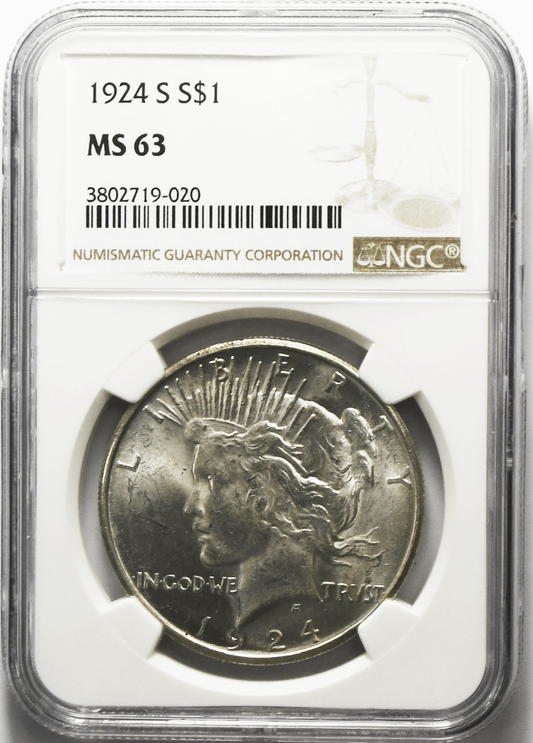 1924 S $1 Peace Silver One Dollar US NGC MS63 San Francisco Rare