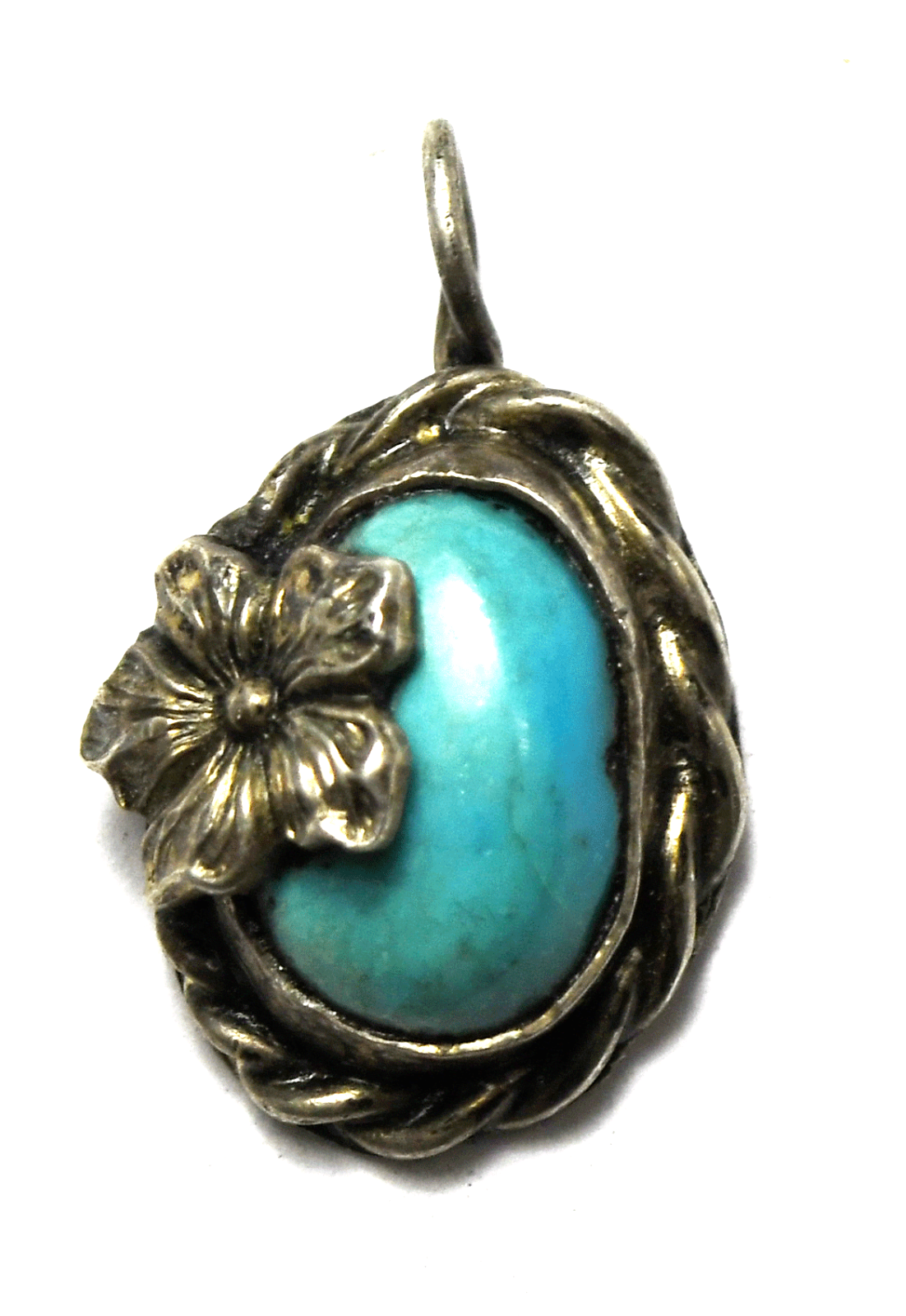 Sterling Oval Turquoise Rope Edge Flower Pendant 22mm x 13mm