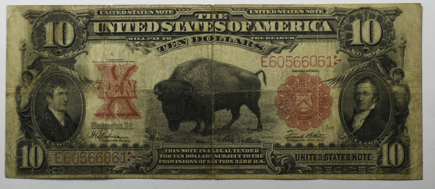 1901 $10 Legal Tender Bison Note Red Seal E60566061  Fr#122