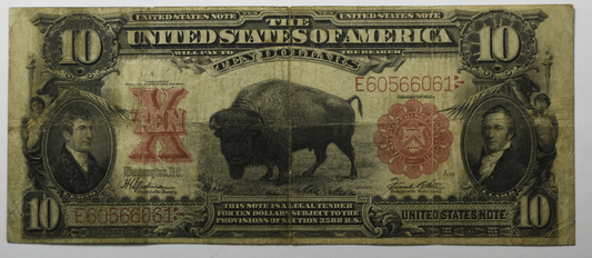 1901 $10 Legal Tender Bison Note Red Seal E60566061  Fr#122