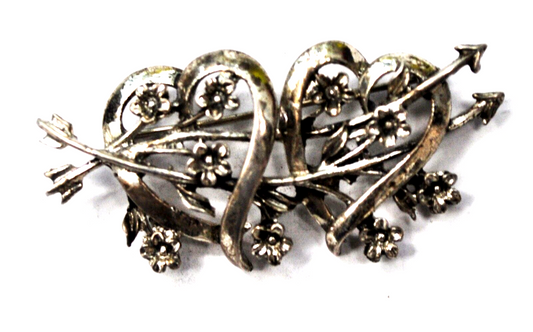 Sterling Silver Danecraft Double Heart Arrows Flower Brooch Pin 54mm x 26mm