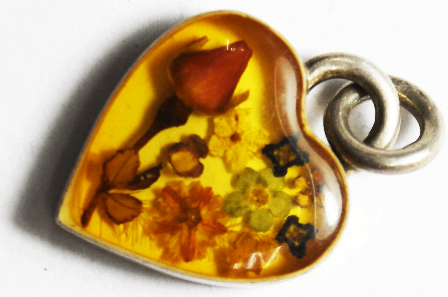 Sterling Silver Heart Flowers in Resin Orange Pendant 32mm x 25mm