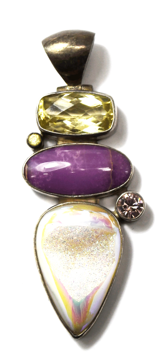 Sterling Silver Starborn Druzy Quartz Purple 3 Tier Pendant 3" x 30mm