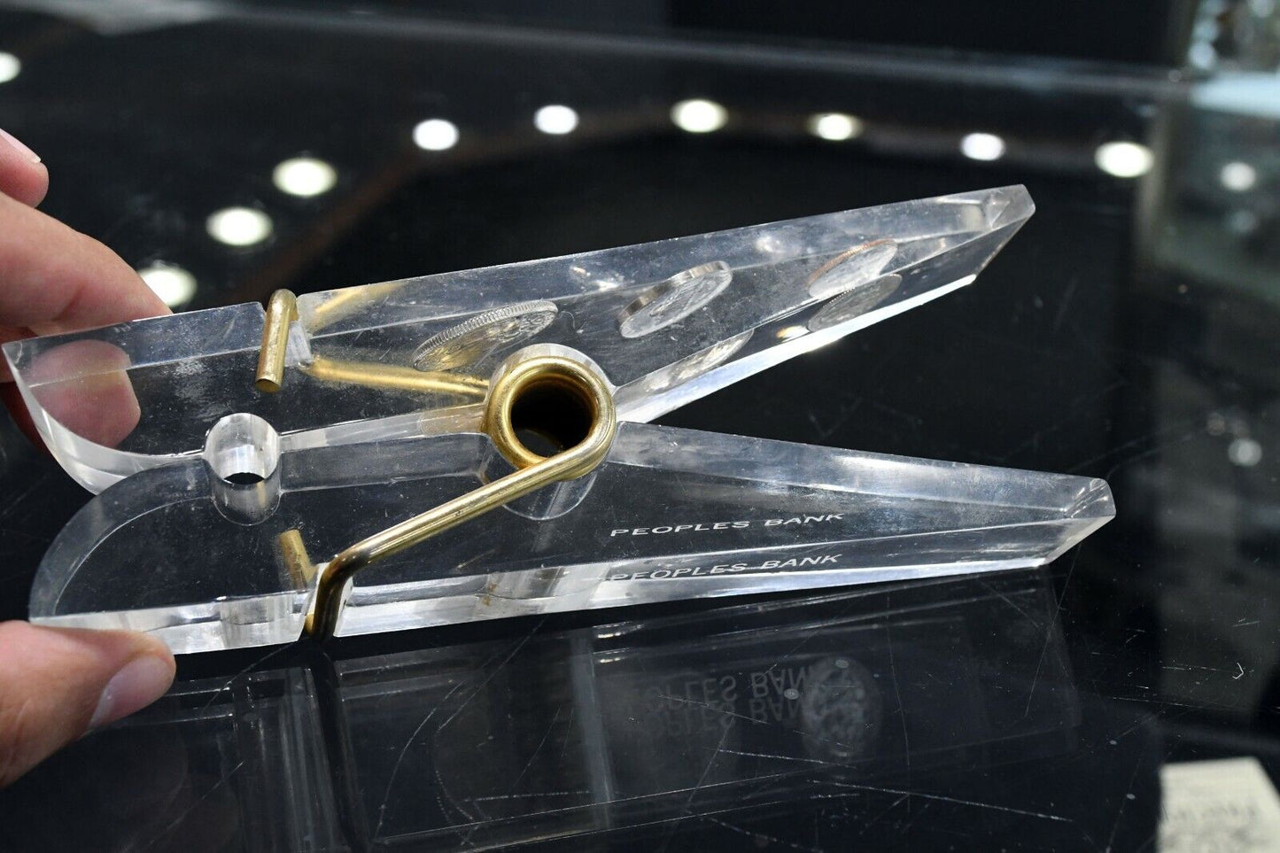 1960's Giant Clothesline Pin Paperweight The Peoples Bank 6 1/4" Silver Quarter