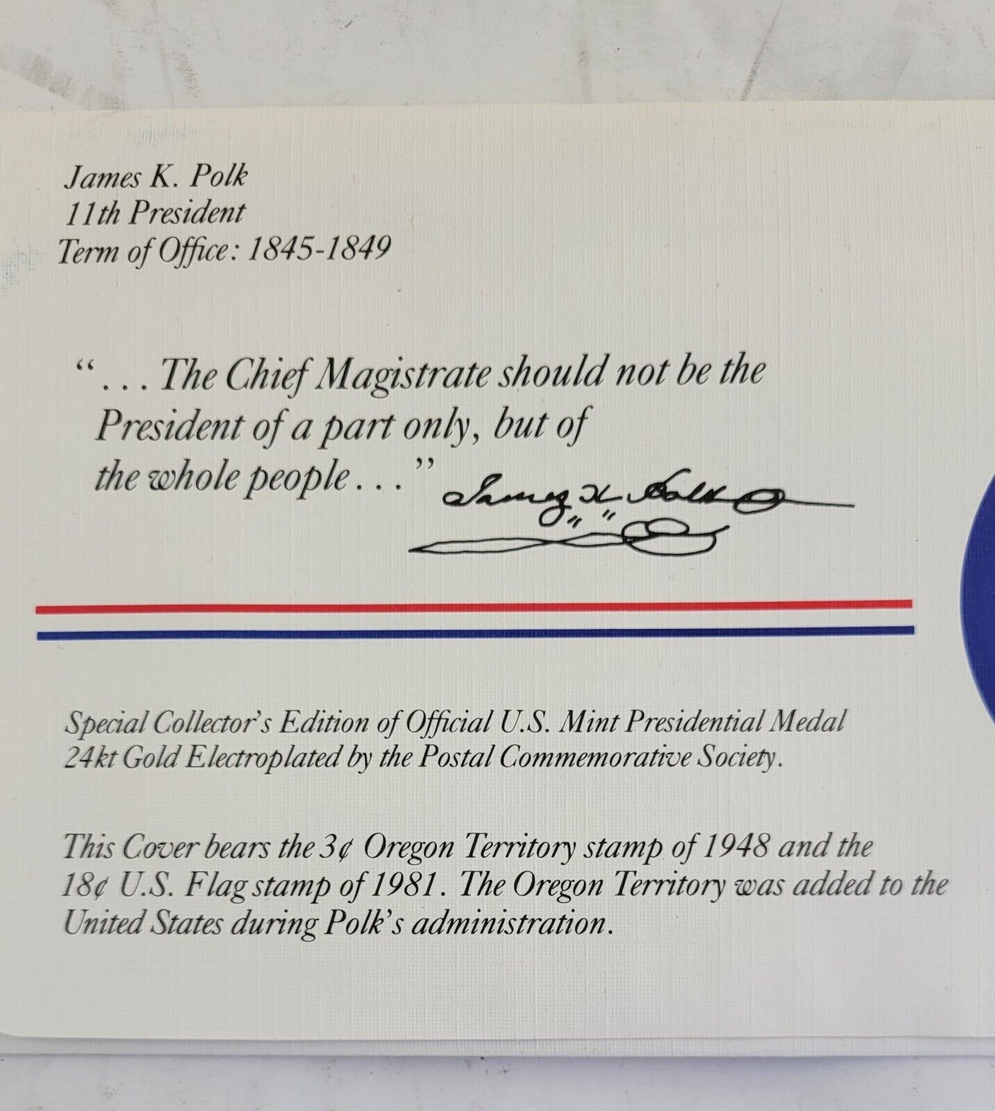 James K. Polk Presidential Covers Medal Postal Commemorative Society Gold Plated